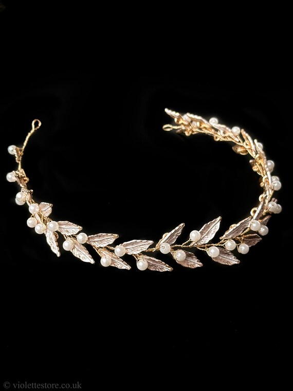 Fascia per capelli foglia di cristallo da sposa, vite per capelli in foglia d'oro, fascia d'oro, vite per capelli d'oro, vite per capelli in foglia, accessori per capelli sposa, Bria - Italia
