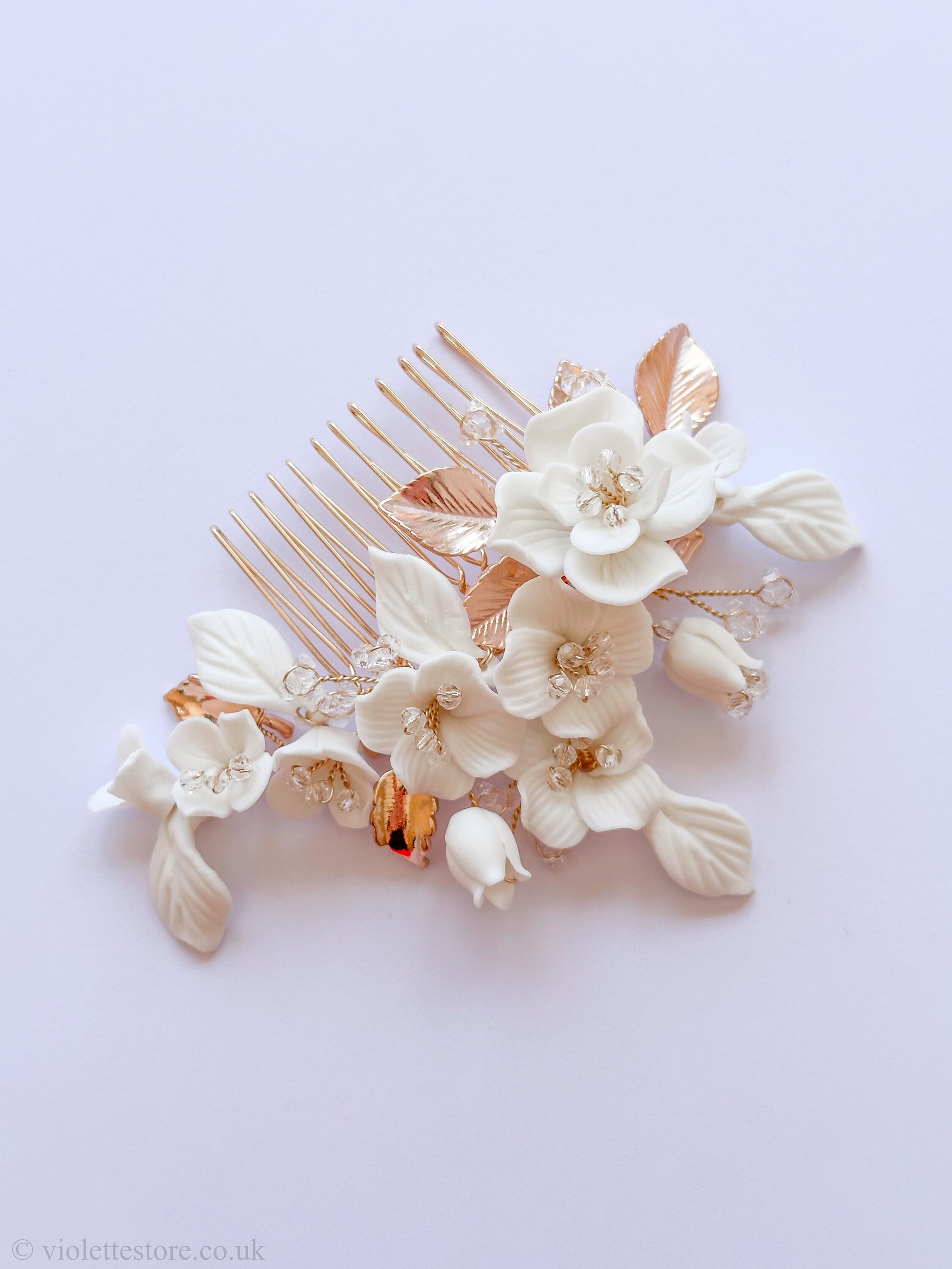 Floral Bridal Hair Comb: Clay Flowers, Gold Wire Wedding 