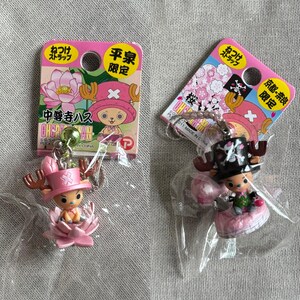 May include: Two One Piece anime character keychains. One features a pink hat and is seated in a pink flower. The other has a black hat with a skull design. Both have tags with Japanese text and illustrations.