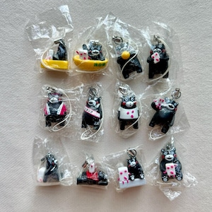 Puede incluir: Una colección de llaveros de osos negros en embalaje de plástico transparente. Cada llavero presenta un diseño diferente, incluyendo osos en botes, con atuendos o sosteniendo objetos. Los llaveros tienen anillos metálicos plateados.