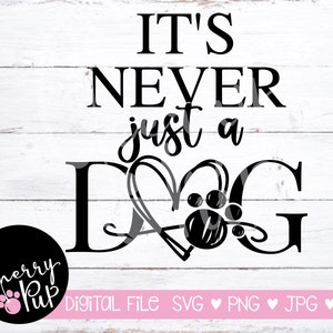 May include: Black and white digital design with the text "IT'S NEVER just a DOG" on a white wood background. The word "DOG" is stylized with a heart and paw print. A pink and black circle with "Cherry Pup" and a paw print is in the lower left.