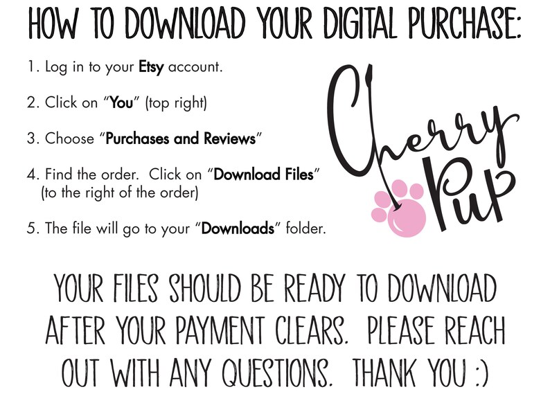 May include: Instructions on how to download a digital purchase from Etsy. The text includes steps on how to find your order and download files. The image also includes the logo for Cherry Pup.