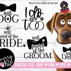 Pode incluir: Um arquivo digital para um design de tema de casamento com um c&atilde;o usando uma gravata borboleta e uma bandana. O texto diz "melhor c&atilde;o" e "melhor amigo da noiva" e "melhor amigo do noivo".