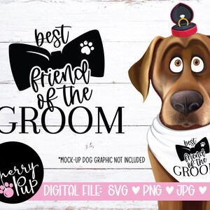 Pode incluir: Um arquivo digital para um design com tema de casamento que apresenta um c&atilde;o de desenho animado usando uma gravata borboleta e um anel na cabe&ccedil;a. O texto diz "melhor amigo do noivo".