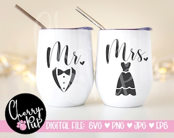 Mr und Mrs SVG, SVG-Dateien für Cricut, Sublimation PNG-Datei, Hochzeit Glas SVG, Hochzeit Becher Design, Braut Party Gläser, Wein SVG
