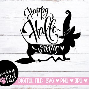 May include: Black and white silhouette of a dachshund wearing a witch's hat and riding a broomstick. The text "Happy Hallo-weenie" is written in a whimsical font above the dog.
