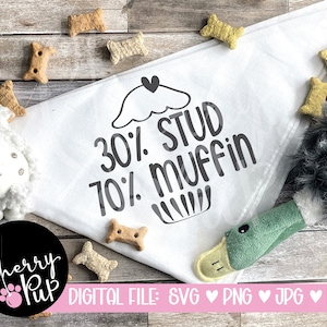 May include: White bandana with a black cupcake graphic and the text "30% Stud 70% Muffin".