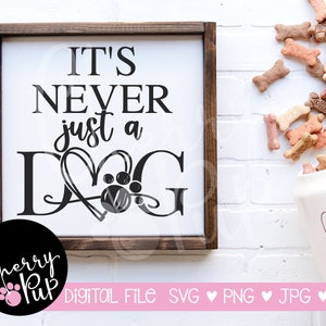 May include: A framed wooden sign with the text "IT'S NEVER just a DOG" in black. The word "DOG" is stylized with a heart and paw print. A pink circle with the text "Cherry Pup" and a paw print logo is in the lower left corner.