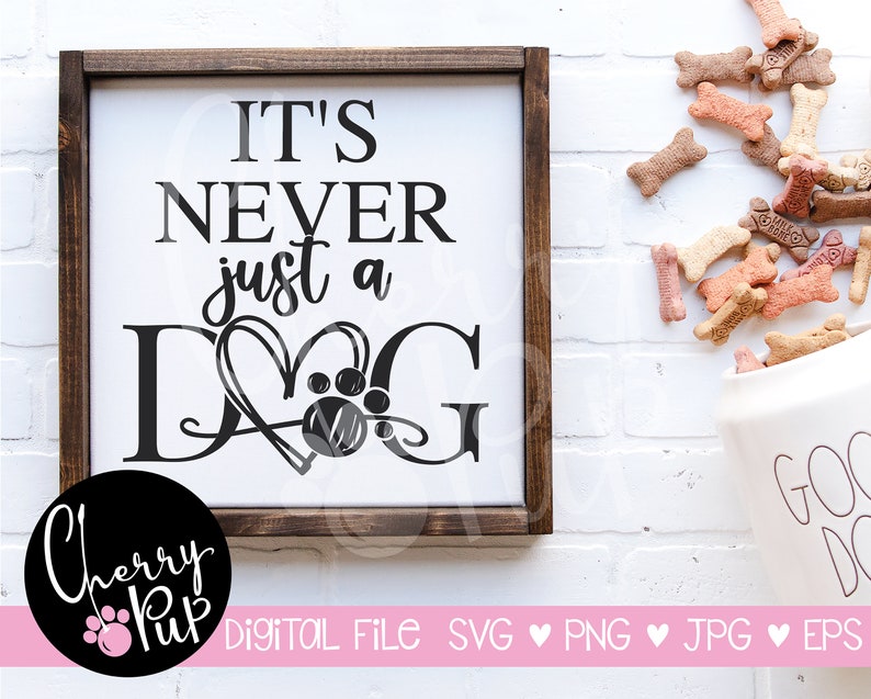 May include: A framed wooden sign with the text "IT'S NEVER just a DOG" in black. The word "DOG" is stylized with a heart and paw print. A pink circle with the text "Cherry Pup" and a paw print logo is in the lower left corner.