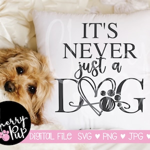 May include: White pillow with the text "IT'S NEVER just a DOG" in black. The word "DOG" features a heart and paw print design. A small, brown dog is lying next to the pillow. The image also includes the text "Cherry Pup" in a circle.
