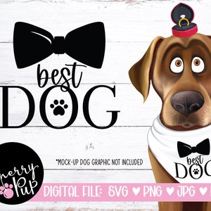 Pode incluir: Um design digital com um la&ccedil;o preto e o texto "best DOG" com uma pegada. Um c&atilde;o de desenho animado usando uma bandana branca com um la&ccedil;o preto e o texto "best DOG" com uma pegada. O texto "Cherry Pup" est&aacute; em um c&iacute;rculo com uma pegada rosa.