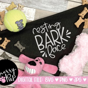 May include: Black triangular bandana with the text "resting bark face" in white. The bandana is surrounded by dog toys, including a pink bone, a tennis ball, and dog biscuits.