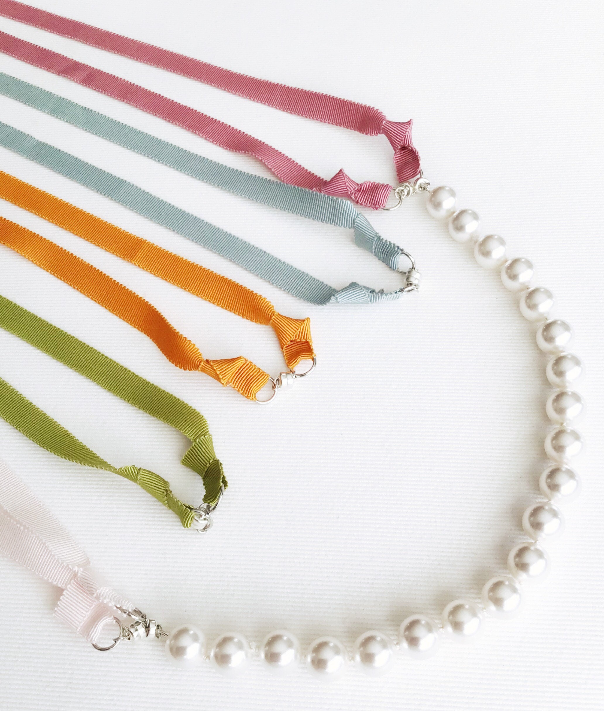 beads ribbon necklace pearl ribbon necklace with silver glitter bead - Shop  chouchou-km Necklaces - Pinkoi