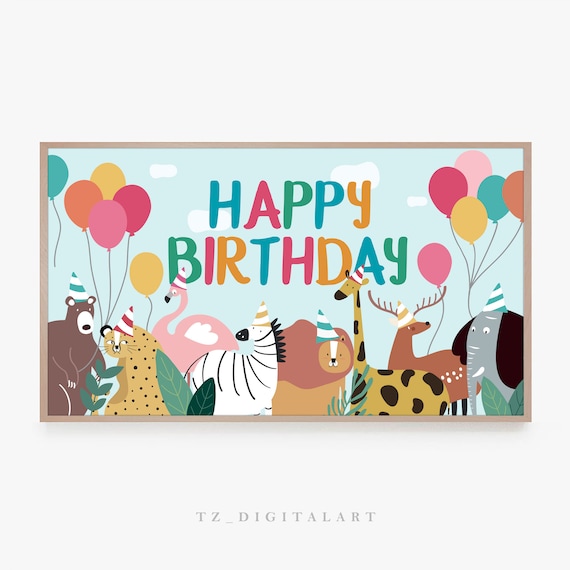 Samsung Frame TV Art Happy Birthday Balloons | Kids Animals Wall Art | Digital Art for Frame TV