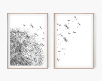 Dandelion Wall Print | Wildflower Farmhouse Poster | Printable Grey Dandelion | Set of Prints