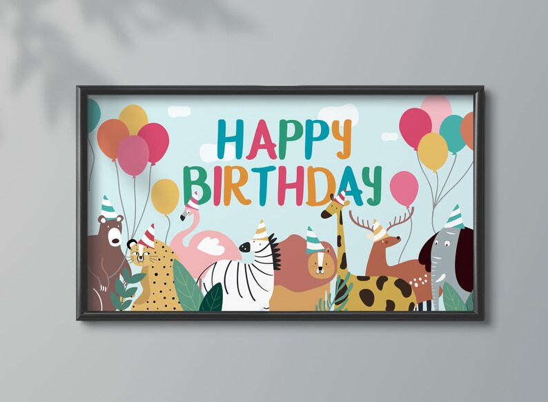 May include: A colorful birthday banner with the words "Happy Birthday" in a whimsical font. The banner features a variety of animals wearing party hats, including a zebra, a giraffe, a flamingo, a lion, a deer, a bear, a leopard, and an elephant. The banner is decorated with balloons in various colors.