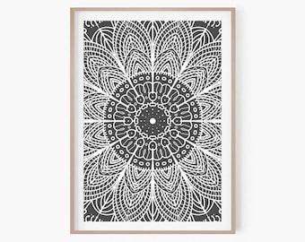 Mandala imprimible arte de pared / decoración de pared geométrica / Boho blanco y negro Mandala impresión