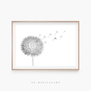 Dandelion Print | Wildflowers Black and White Print | Farmhouse Wall Art Poster | Digital Download Print