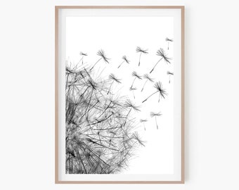 Impresión de diente de León / Cartel de diente de León en blanco y negro / Impresión de arte de pared de flores silvestres / Arte imprimible