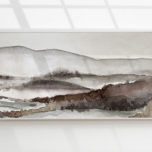 May include: Abstract watercolor painting of a landscape with brown and gray hills and a light blue sky.