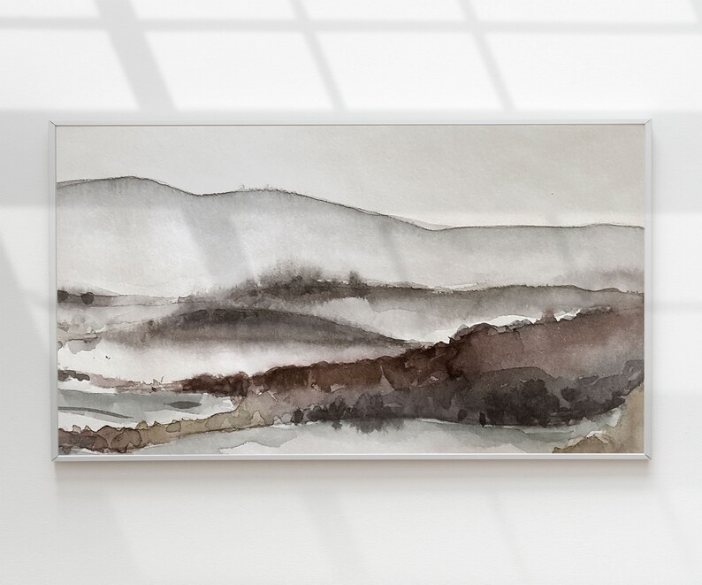 May include: Abstract watercolor painting of a landscape with brown and gray hills and a light blue sky.