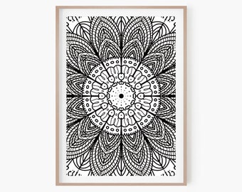 Mandala Wall Art / Geométrico blanco y negro Mandala Art Print / Boho Wall Decor / Impresión de descarga digital