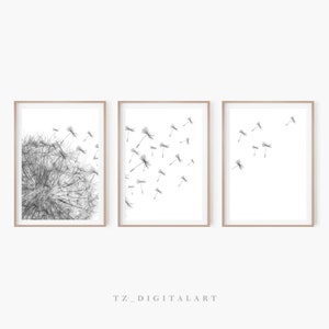 Dandelion Print Black and White | Wildflower Botanical Set of 3 Prints  | Farmhouse Wall Decor