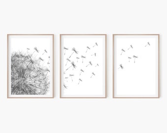 Dandelion Print Black and White | Wildflower Botanical Set of 3 Prints  | Farmhouse Wall Decor