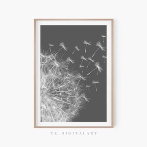 Dandelion Grey Print | Botanical Wall Art Print | Dandelion Poster | Digital Download Print