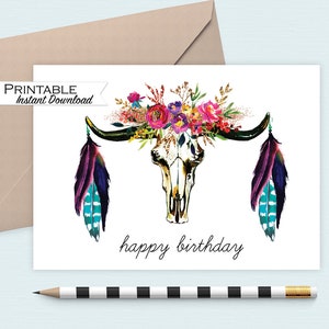Tarjeta de cumpleaños con calavera bohemia, tarjeta de cumpleaños para novia, tarjeta de feliz cumpleaños con flores, tarjeta de cumpleaños bohemia, tarjeta imprimible con descarga digital