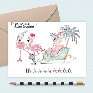 Flamingo Weihnachtskarte zum Ausdrucken, Flalalalala lustige Weihnachtskarte, Pink und Petrol Tropische Palme Karte für Sie, Schlittschuhe Grußkarte