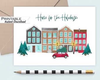 Home for the Holidays Christmas Card Printable, Winter Town Christmas Tree Card, Our First Home Print at Home Card, Merry Christmas from us