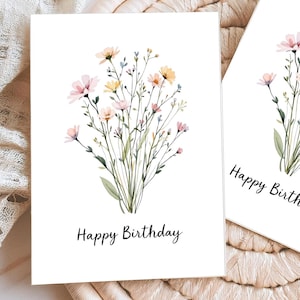 Wildblumen alles Gute zum Geburtstag druckbare Karte, minimalistische Aquarell Blumen Geburtstagskarte für Sie, Geburtstagsgeschenk für Mama