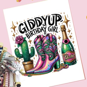Biglietto di auguri di compleanno per cowgirl western, biglietto di auguri di compleanno per ragazza Giddyup da scaricare digitalmente, stivali da cowgirl e champagne