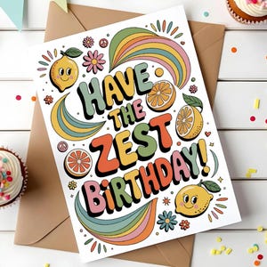 Cartão de aniversário retrô com limão para imprimir, cartão de aniversário com trocadilho engraçado com cítricos, cartão fofo com frutas, aniversário com muito entusiasmo