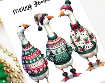 Goose Funny Christmas Card Printable, Merry Goosemas, Ugly Christmas Sweater Digital Download