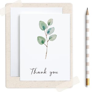 Tarjeta de agradecimiento imprimible con tallo de eucalipto en acuarela, diseño minimalista moderno de vegetación, descarga digital.