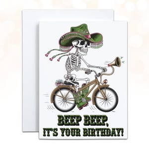Carte d'anniversaire drôle squelette cow-girl imprimable, bip bip anniversaire motard carte en téléchargement numérique, cadeau d'anniversaire pour amateur de vélo