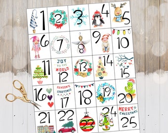 Advent Calendar Printable Numbers, DIY Printable Christmas, Merry Christmas Cards