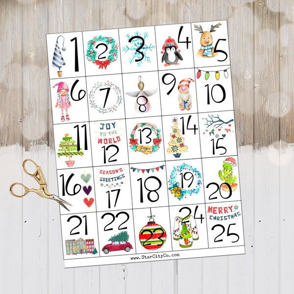 Advent Calendar Printable Numbers, DIY Printable Christmas, Merry Christmas Cards