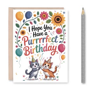Cute Cat Birthday Card Printable, Funny Birthday Card Pun, Cute Kittens with Balloons and Flowers, Last Minute Gift, Digital Download