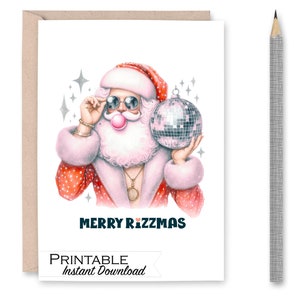 Tarjeta navideña imprimible Merry Rizzmas, divertida tarjeta navideña de Disco Santa para adolescentes