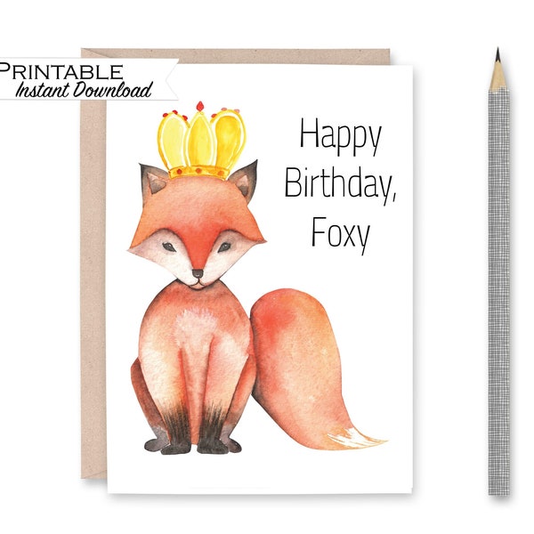 Fox Birthday Card, Happy Birthday Foxy, Funny Birthday Card, Watercolor Printable Card, Instant Download Birthday Card