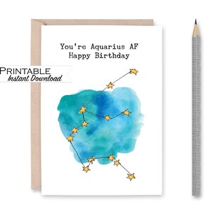 Carte d'anniversaire Verseau imprimable, aquarelle constellation du zodiaque d'anniversaire, anniversaire de janvier, anniversaire de février