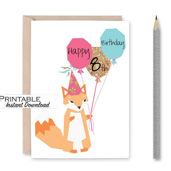 Personalized Fox Birthday Card, Personalised Card, Fox Birthday Party, Birthday Balloons Card, Instant Download Printable Card