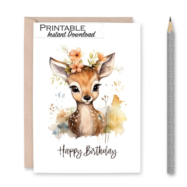 Deer Birthday Printable Card, Onedeerful Woodland Birthday Theme, Fawn Cottagecore Happy Birthday, 1st Birthday Watercolor Card for Her