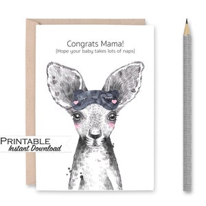 Afdrukbare kaart nieuwe moeder, gefeliciteerd mama, ik hoop dat je baby veel dutjes doet Kaart, gefeliciteerd met de nieuwe babykaart, kangoeroekaart, babyshowerkaart