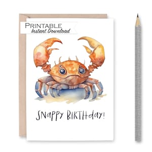 Crab Birthday Card Printable, Snappy Birthday, Crab Print, Funny Birthday Puns, Marine Life Watercolor, Quirky Birthday Gifts, Ocean Lover