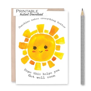 Carte de guérison bientôt, carte de rétablissement, sentez-vous mieux, vous envoyer du soleil, carte d'encouragement aquarelle, carte imprimable