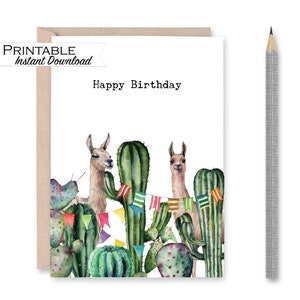 Anniversaire de lama carte d'anniversaire cactus, Boho Fiesta, carte de joyeux anniversaire aquarelle de lama, bannières de fête de lama, carte imprimable premier anniversaire